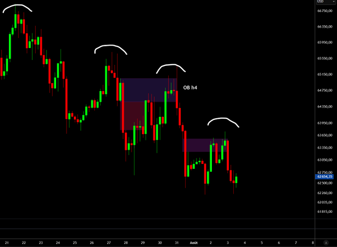 A candlestick chart of USD showing a downtrend with several bearish order blocks (OB h4) marked in purple, indicating potential resistance zones around the 63,500-64,500 price range.