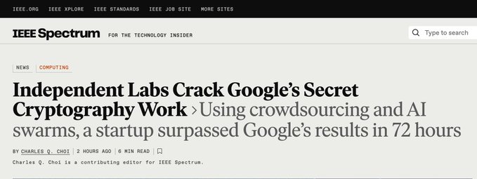 An IEEE Spectrum article headline reads "Independent Labs Crack Google's Secret Cryptography Work," with a subheading noting that crowdsourcing and AI swarms helped a startup surpass Google's results in 72 hours, published by Charles Q. Choi. The accompanying post relates by referencing this ECDSA.fail project featured in the article, highlighting how the open network matched Google's cryptography result in just 8 hours.