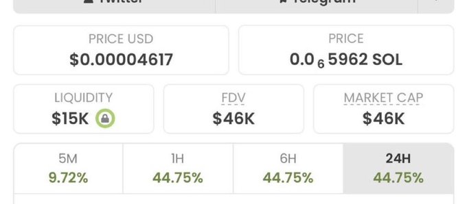 A screenshot of a token's trading page shows a price of $0.00004617 USD (0.000005962 SOL), with $15K liquidity, a $46K market cap, and significant 24-hour gains of 44.75%. The metrics align with the post's promotion of micro-cap Solana meme coin calls, showcasing the small market cap and low price typical of the tokens being shilled.