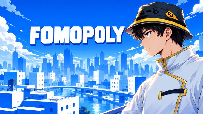 A bright illustrated promotional image labeled “FOMOPOLY” shows an anime-style character in a black hat beside a blue city skyline.