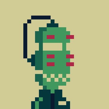 A pixel art illustration of a green character with red eyes and a backpack, rendered in blocky retro style against a beige background.