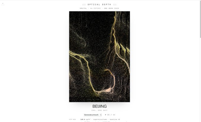 A generative artwork titled 'BEIJING' labeled 'AERIAL + EDGES + OIL + DEEP DRUM' displays glowing yellow vein-like patterns against a dark textured background.
