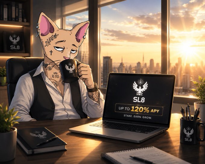 An illustrated cat-like character with tattoos and a vest drinking from a mug labeled 'SL8' while seated at a desk with a laptop displaying 'SL8 UP TO 120% APY' and 'STAKE. EARN. GROW.', set against a city skyline at sunset.