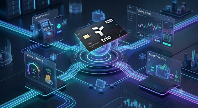 The image features a 3D rendering of a digital wallet called @useTria, which is designed to make crypto usage more accessible and user-friendly by consolidating various aspects into one platform. The wallet is shown with its screen displaying information about trading options, asset management, and spending details in a visually appealing manner. The post emphasizes the simplicity and ease of use that @useTria offers for users who want to explore and engage with crypto without having to navigate through multiple apps or websites.