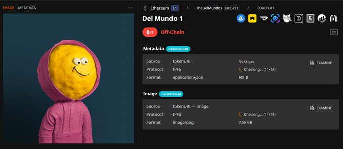 A screenshot from Onchainchecker.xyz showing the NFT "Del Mundo 1" (Token #1, thedelmundos/ERC-721) on Ethereum, displaying red "0% Off-Chain" warnings and IPFS links for both metadata and image, contradicting OpenSea's claim that the collection is fully onchain.