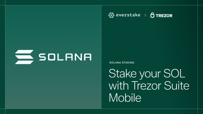 A promotional banner for Everstake x Trezor featuring the Solana logo and the text "Stake your SOL with Trezor Suite Mobile."