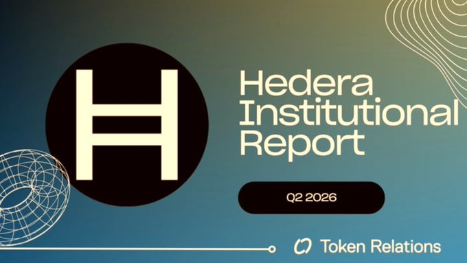 A banner reads 'Hedera Institutional Report Q2 2026' by Token Relations, featuring a large 'H' logo on a teal background.