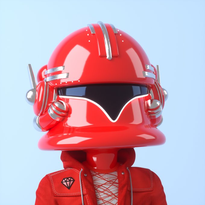 A glossy red futuristic helmet with silver accents worn by a figure in a red jacket with a diamond logo.