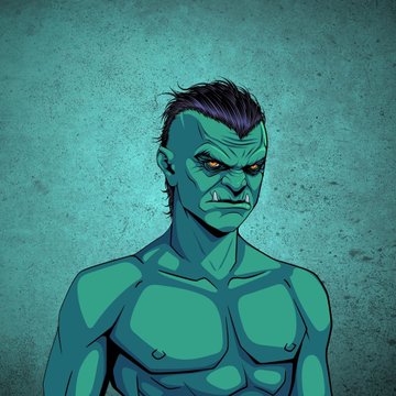 A cartoon-style illustration of a muscular, teal-skinned humanoid character with purple hair and yellow eyes against a textured blue-green background.
