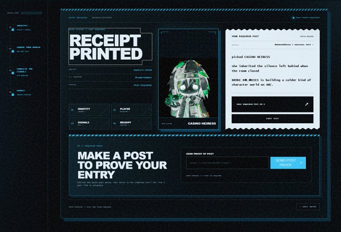 A dark-themed website interface displaying 'RECEIPT PRINTED' and 'MAKE A POST TO PROVE YOUR ENTRY' with a featured profile named 'CASINO HEIRESS'.
