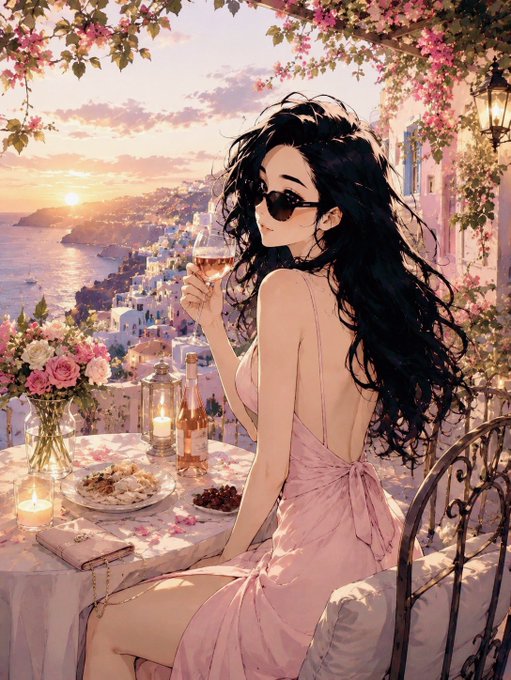 The image features a woman sitting at an outdoor table, wearing a pink dress and sunglasses while holding a glass of wine. The setting appears to be a restaurant or patio area with flowers and candles around her. There are also several books on the table next to her. The image is related to the post because it includes text that says "If I could go back to the first day I stepped into crypto, I would buy less FOMO less. Trust KOLs less. Say no to futures But I would learn more".