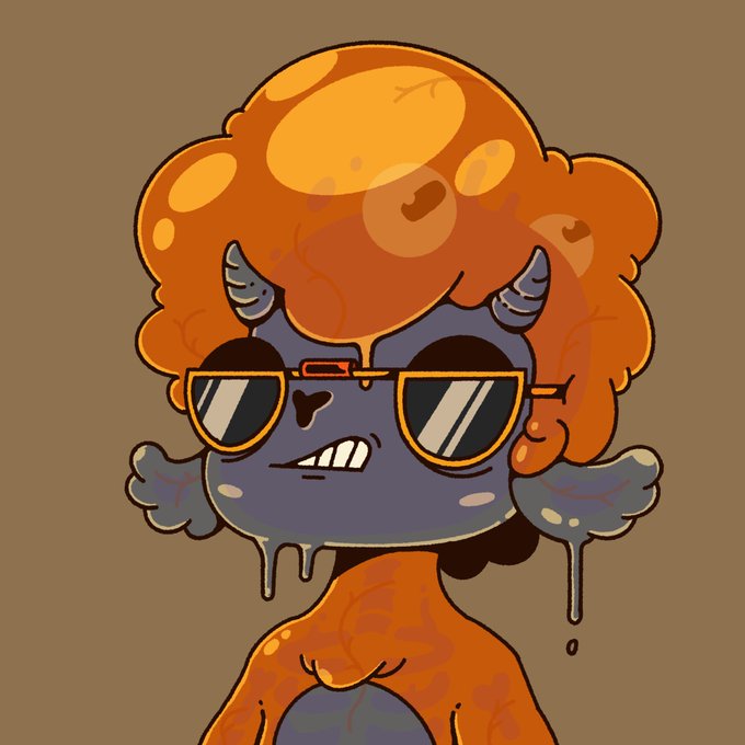 A cartoon character with orange puffy hair wearing sunglasses, featuring horns and melting/dripping details against a brown background.