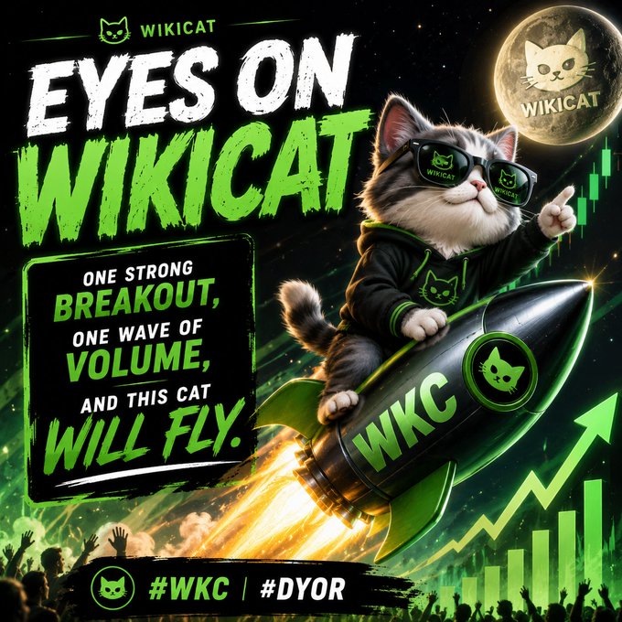 A promotional graphic features a fluffy cat wearing "WIKICAT" sunglasses riding a rocket labeled "WKC" against a moon and rising chart, with the bold tagline "EYES ON WIKICAT — One Strong Breakout, One Wave of Volume, and This Cat Will Fly." The imagery directly visualizes the post's bullish "cat will fly" message tied to the $WKC token, pairing the rocket-launch metaphor with hashtags #WKC and #DYOR to hype a potential crypto breakout.