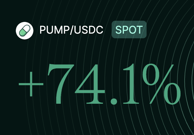 The image shows a "+74.1%" increase for PUMP/USDC on spot trading, aligning with the post's mention of a "7 fig play" and the ticker "$PUMP".