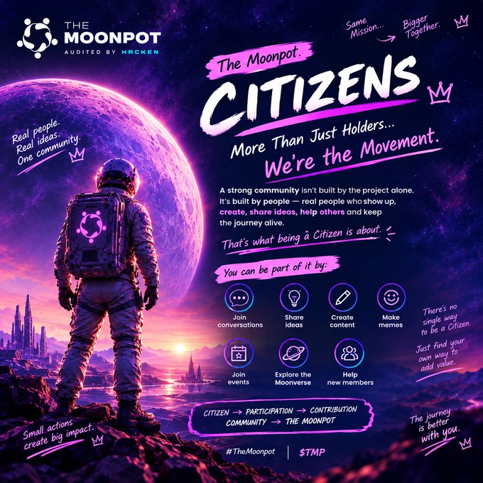 A purple space-themed promotional graphic for "THE MOONPOT" cryptocurrency project, featuring an astronaut looking at a planet with the text "CITIZENS: More Than Just Holders... We're the Movement" and icons for community engagement.