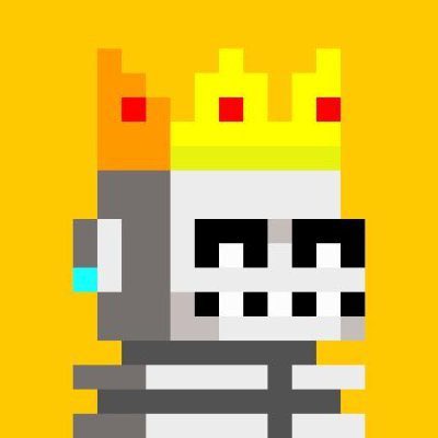 A pixel art illustration of a gray robot-like figure wearing a yellow crown with red gems, featuring black rectangular eyes and teeth against a yellow background.