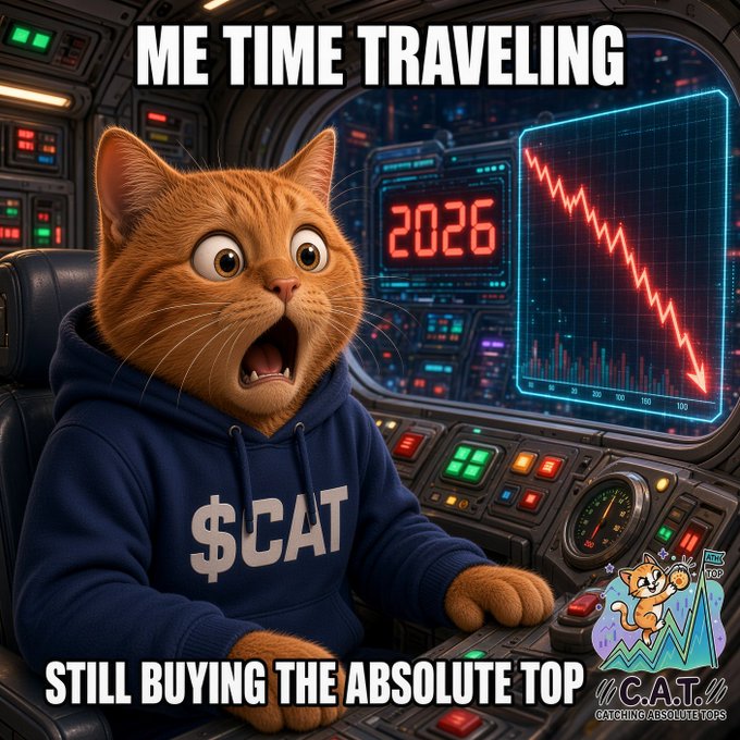 Meme image of a shocked cat wearing a '$CAT' hoodie in a spaceship cockpit, with text reading 'ME TIME TRAVELING' and 'STILL BUYING THE ABSOLUTE TOP', branded as 'C.A.T. CATCHING ABSOLUTE TOPS'.