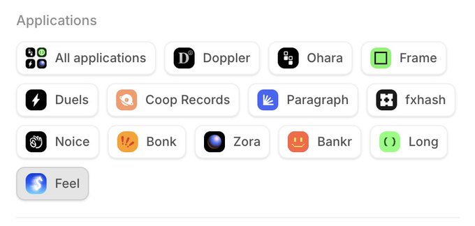 An "Applications" menu interface displaying a grid of app options including Doppler, Ohara, Frame, Duels, Coop Records, Paragraph, fxhash, Noice, Bonk, Zora, Bankr, Long, and Feel, with "Feel" highlighted at the bottom. The image appears to show a navigation or selection screen where users can access various applications, supporting the post's reference to @feeldotcash being available on Doppler.