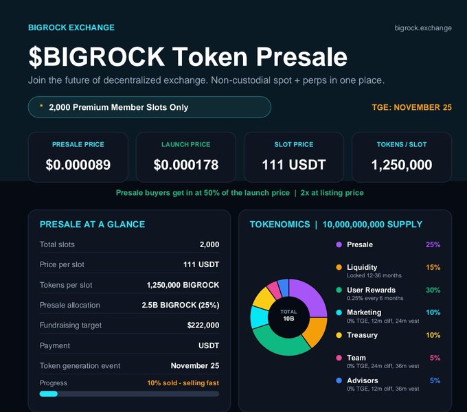 Bigrock Exchange $BIGROCK Token Presale promotional graphic detailing a TGE on November 25, with a presale price of $0.000089, launch price of $0.000178, slot price of 111 USDT, and 2,000 premium member slots showing 10% sold.