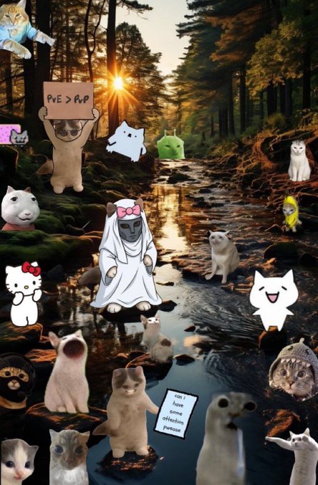 This meme collage, featuring various cats and text like "PvE > PvP" and "can i have some attention purchase," visually represents the "CAT SUPERCYCLE" as a chaotic yet oddly harmonious gathering of feline internet culture.