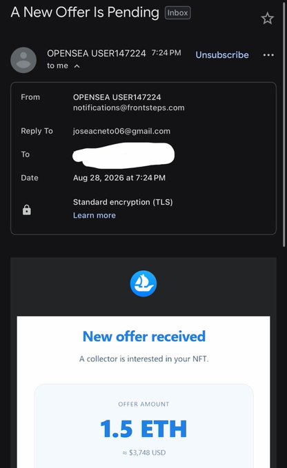 A screenshot of a phishing email appearing to come from "OPENSEA USER147224" (notifications@frontsteps.com) notifying the recipient of a "New offer received" for 1.5 ETH (~$3,748 USD) on an NFT, consistent with the post's warning about a fake OpenSea phishing scam designed to trick users into connecting their wallets.