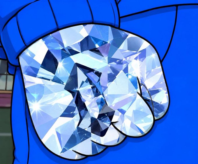 A digital artwork depicting a cartoon blue character's clenched fist entirely composed of sparkling, faceted diamonds against a bright blue background.