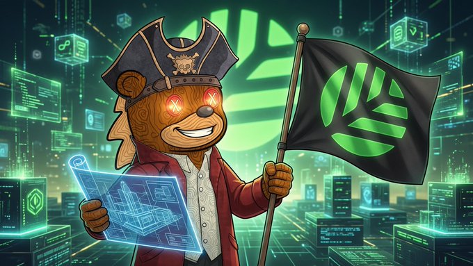A pirate bear mascot wearing a tricorn hat waves a green flag bearing the "CNPY" logo while holding a holographic blueprint, set against a glowing cyberpunk server backdrop — visually framing CNPY Network as the bold, independent alternative to congested shared chains the post argues for.