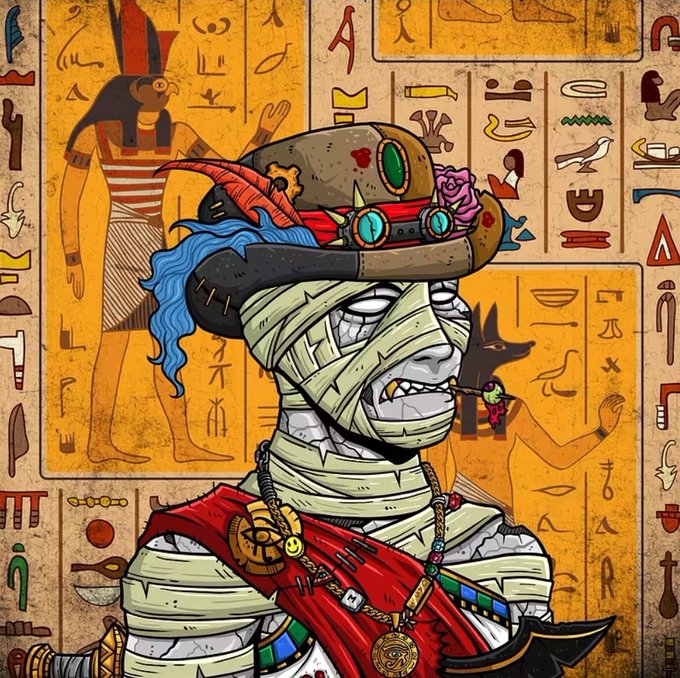 A colorful cartoon-style illustration of a mummy character with blue hair wearing an Egyptian-style headdress adorned with jewels and a pink rose, set against a background of hieroglyphics and Egyptian figures.