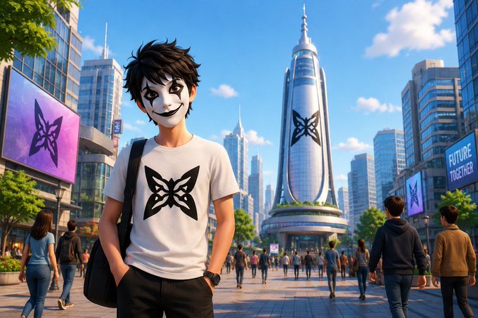 An anime-style illustration of a character wearing a white mask and a t-shirt with a butterfly logo, standing in a futuristic cityscape featuring a "FUTURE TOGETHER" sign.