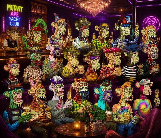 The image features a group of cartoon monkeys sitting around a table, each holding a glass of champagne or wine. The scene takes place at a bar with neon lights illuminating the area. There are numerous people present in the image as well, some seated on chairs while others stand near the tables. A few individuals can be seen wearing party hats and sunglasses, adding to the festive atmosphere. 

The overall setting appears to be a lively social gathering or celebration where everyone is enjoying themselves with drinks and good company.