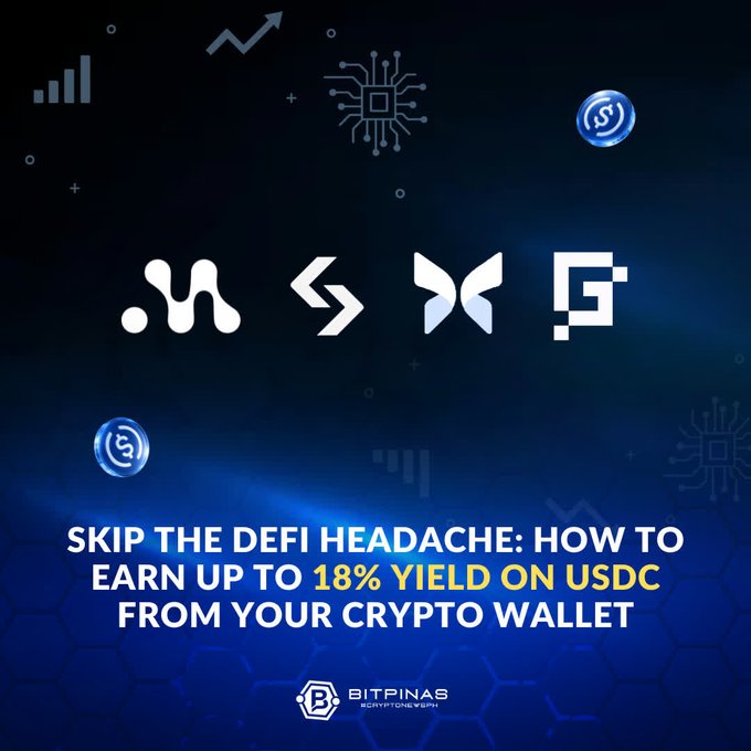 A promotional graphic with logos of crypto wallets (MetaMask, Lido, Stader, Threshold) titled 'SKIP THE DEFI HEADACHE: HOW TO EARN UP TO 18% YIELD ON USDC FROM YOUR CRYPTO WALLET' by BitPinas.