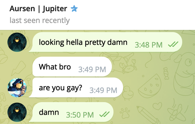 A Telegram chat screenshot titled 'Aursen | Jupiter' featuring an exchange where one user compliments another's appearance and the other responds by asking 'are you gay?'