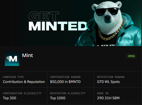 A promotional graphic for a crypto campaign titled 'GET MINTED' featuring a bear wearing sunglasses and a teal puffer jacket. The Mint campaign details show a Contribution & Reputation type with $50,000 in $MNTD rewards, GTD WL Spots, Top 300 contribution eligibility, Top 1000 reputation eligibility, and 29D 21H 58M remaining.