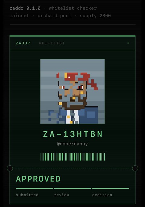 A digital whitelist approval card for "zaddr 0.1.0" featuring a pixel art character, ID "ZA-13HTBN", username "@doberdanny", and an "APPROVED" status.