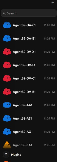 A dark-themed mobile app interface showing a list of 'Agent89' Discord-like server channels (DA, DV, AA, AS, AO, CA categories) all timestamped 11:26 PM, with a Plugins option at the bottom.