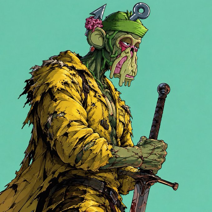 A comic-style illustration depicts a decaying zombie figure with exposed brain, green head wrap, and tattered yellow clothing, holding a sword.
