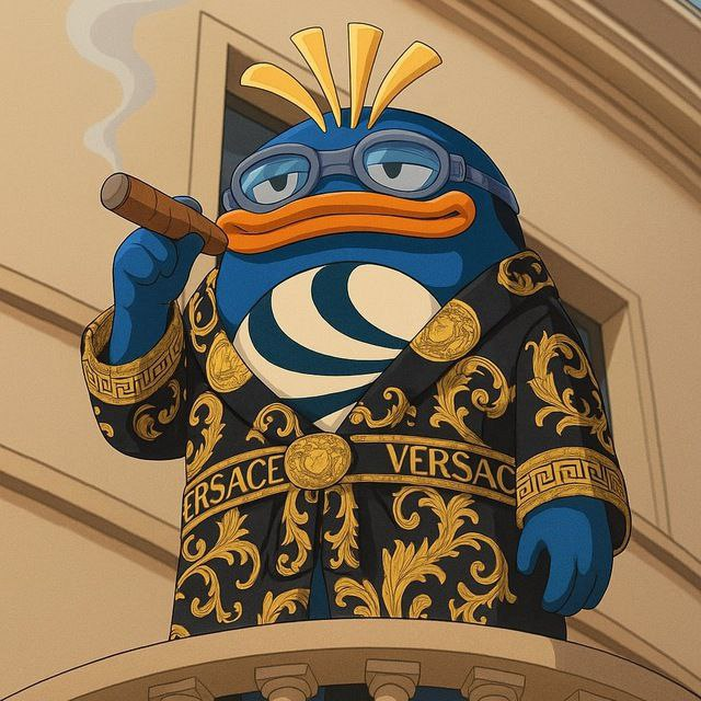 An illustrated blue duck character wearing a Versace robe and glasses, smoking a cigar while standing on a balcony.