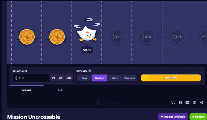 A screenshot of a digital game or gambling interface titled 'Mission Uncrossable' by 'Roobet,' showing a chicken character between golden coins with various dollar values like '$0.65' and '$0.79' on a purple background.