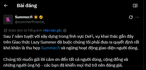 A Vietnamese-language post from Summer.fi (@summerfinance_) announcing the difficult decision to wind down and stop the user interface of the Lazy Summer protocol on Giao thức after 7 years in DeFi.