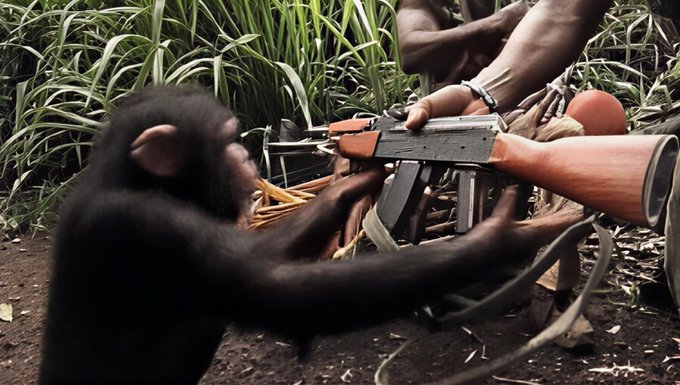 A young chimpanzee curiously reaches for and examines an AK-47 rifle being handed to it by a person, set in a lush, grassy environment.