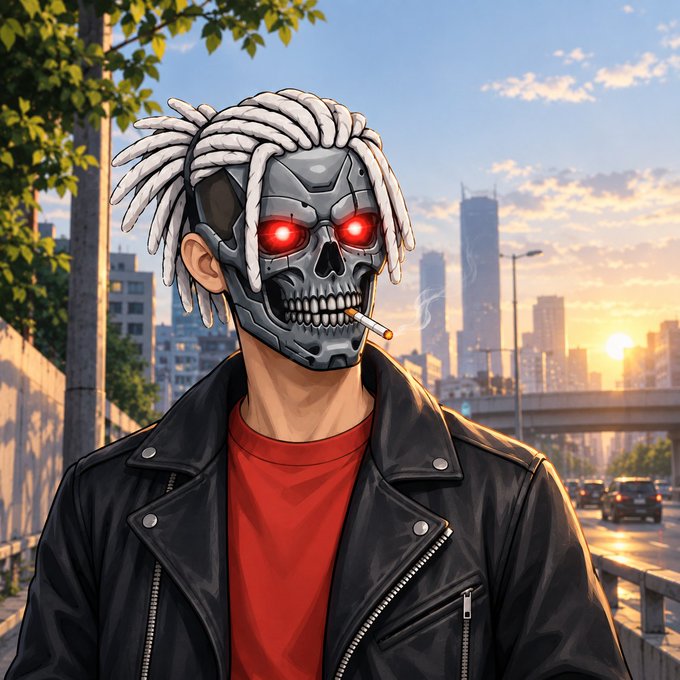 A stylized digital illustration of a person wearing a robotic skull mask with glowing red eyes and white dreadlocks, dressed in a black leather jacket over a red shirt, smoking a cigarette against a cityscape at sunset.
