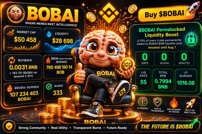 A promotional graphic for the $BOBAI cryptocurrency features a cartoon brain mascot seated on a throne of gold coins, displaying key metrics: a market cap of $50,458, $28,698 in liquidity, 780,498,150.14 BOB burned, and 107,234,403 BOBAI burned. The "Permalocked Liquidity Boost" section highlights that 0.75% of every trade is permanently added to the BOB/BNB liquidity pool, reinforcing the post's message about burning tokens, growing liquidity, and deflationary tokenomics on the BNB Chain.