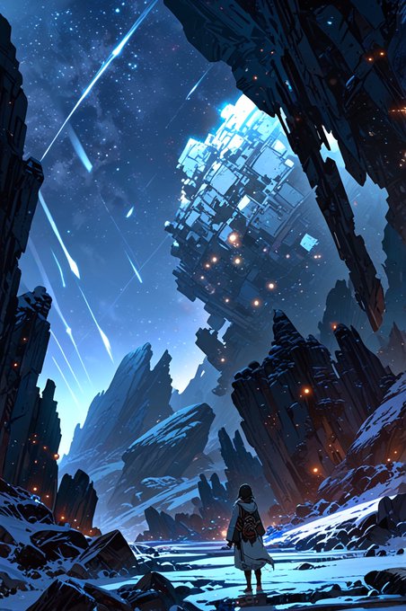 A fantasy anime-style digital illustration of a lone figure in a white cloak standing in a snowy, rocky landscape, gazing up at a massive glowing blue cube structure floating in the starry night sky, with shooting stars streaking overhead.