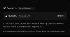 A dark screenshot showing "LO Rewards" information for Buksol with a current APY of 197.53%, describing that YT-Buksol limit orders earn rewards when quoted within ±6% relative to current market implied APY.