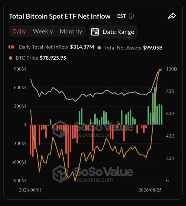 A SoSoValue chart displays Bitcoin Spot ETF data from June 1 to August 25, 2026, showing a Daily Total Net Inflow of $314.37M, Total Net Assets at $99.05B, and BTC Price at $78,925.95, with recent strong positive inflows (green bars) coinciding with a sharp price rally. This visual confirms the post's headline figure of +$314M in daily BTC ETF inflows as of August 25.