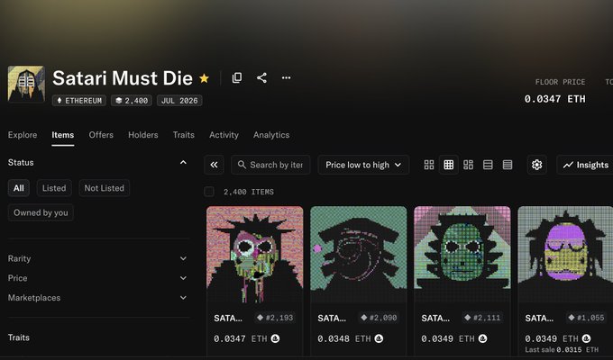 A screenshot of an NFT marketplace page displaying the 'Satari Must Die' collection on Ethereum, showing a floor price of 0.0347 ETH and listing several pixel-art character items.