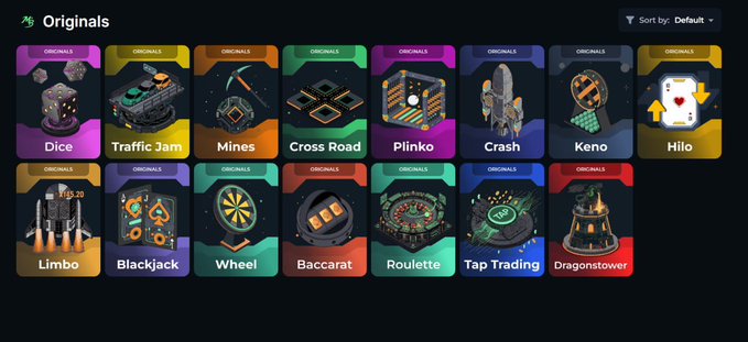 A screenshot of an "Originals" gambling menu featuring various 3D game icons including Dice, Traffic Jam, Mines, Cross Road, Plinko, Crash, Keno, Hilo, Limbo, Blackjack, Wheel, Baccarat, Roulette, Tap Trading, and Dragontower.