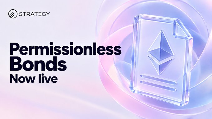 A promotional banner for 'STRATEGY' announcing 'Permissionless Bonds Now live' alongside a 3D illustration of a document featuring the Ethereum logo.