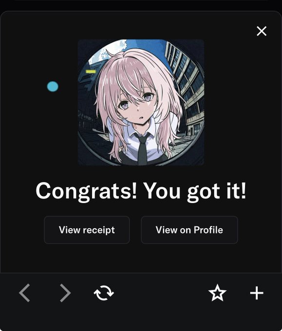 A digital collectible purchase confirmation screen displays "Congrats! You got it!" alongside an anime-style illustration of a pink-haired character in a school uniform with a black tie, shown against an urban backdrop. The interface includes "View receipt" and "View on Profile" buttons, indicating a successful NFT mint celebrating the user's third purchase from creator @momoyumemi.