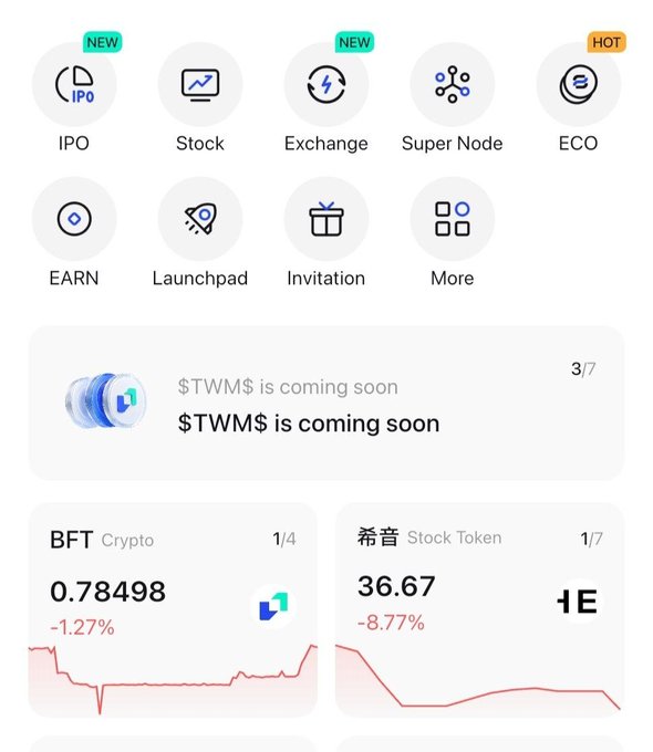 A crypto app interface showing categories like IPO, Stock, Exchange, and a ticker for BFT Crypto showing -1.27%.